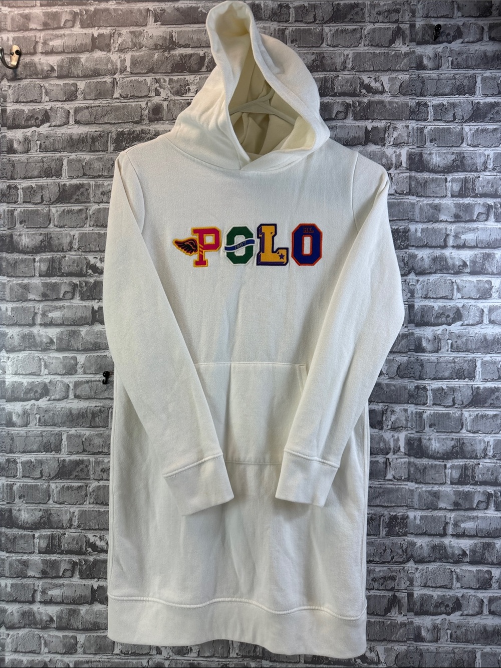 Polo by Ralph Lauren Cream Hoodie Dress with Multicolor Lettering